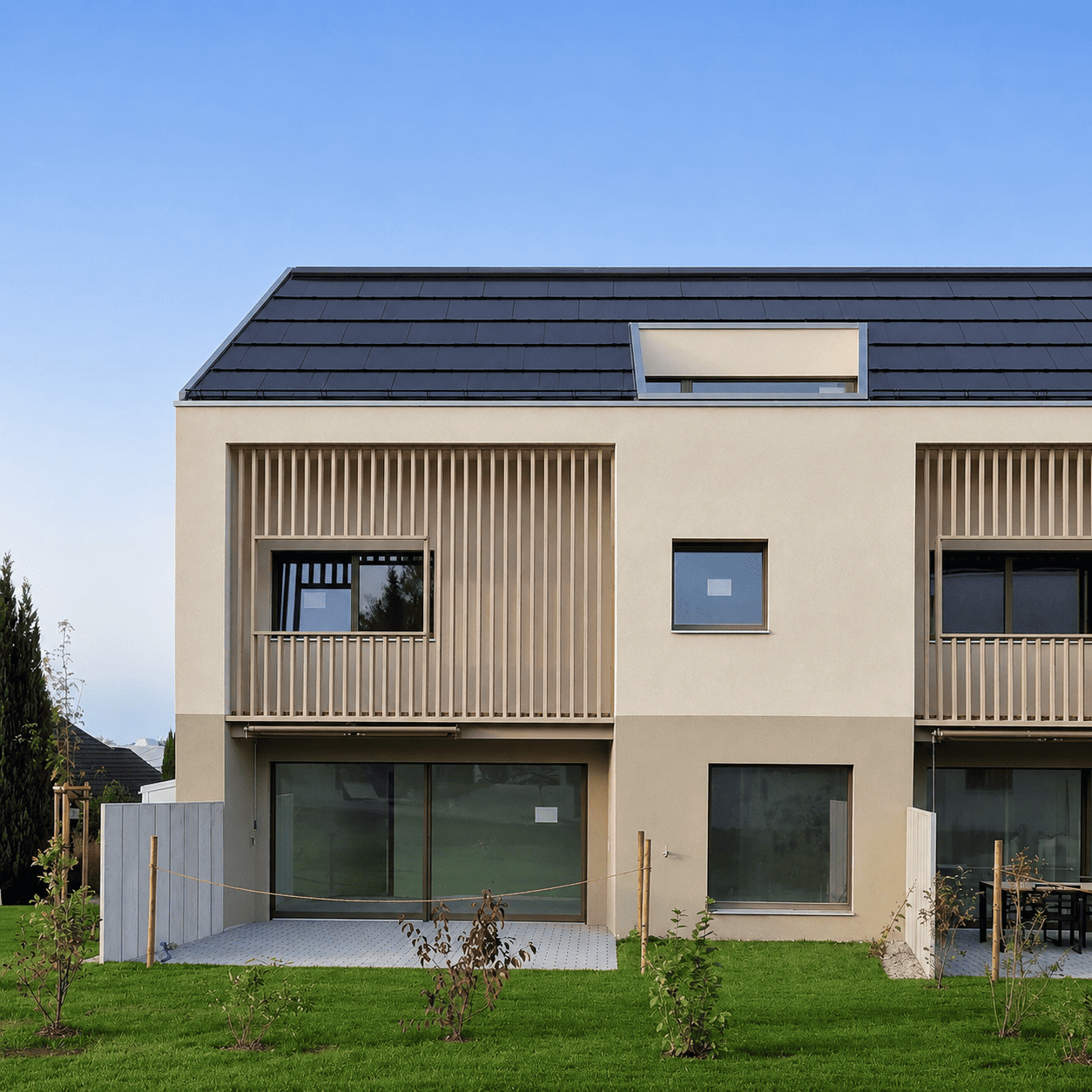 Modernes Wohngebäude mit heller Fassade, dunklem Schrägdach, Holzlamellen und grossen Fensterfronten. Im Vordergrund befindet sich eine grüne Rasenfläche mit jungen Pflanzen und kleinen Terrassenbereichen in Gontenschwil